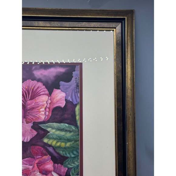 Floral Watercolor Art Print By J. Haines In Double Matted Gold Black Frame READ - Picture 6 of 8